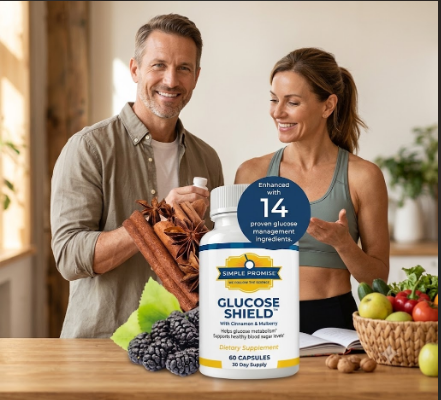 Couple in a kitchen holding Glucose Shield Blood Sugar Control with fresh produce