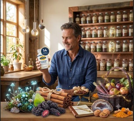 Man holding Glucose Shield Blood Sugar Control beside cinnamon, mulberry and turmeric